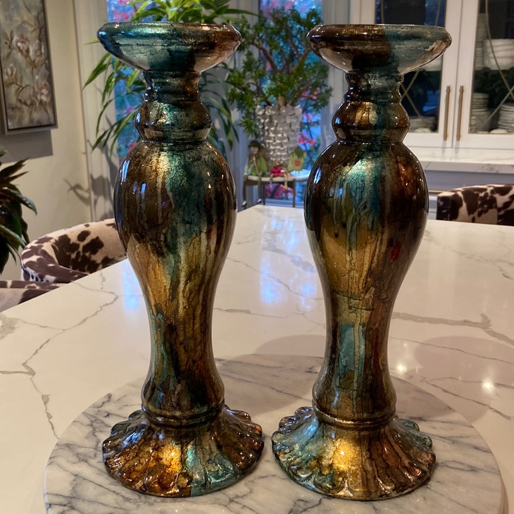 Beautiful Pair of Turquoise and Bronze Glazed Heavy Ceramic Candle Holders.